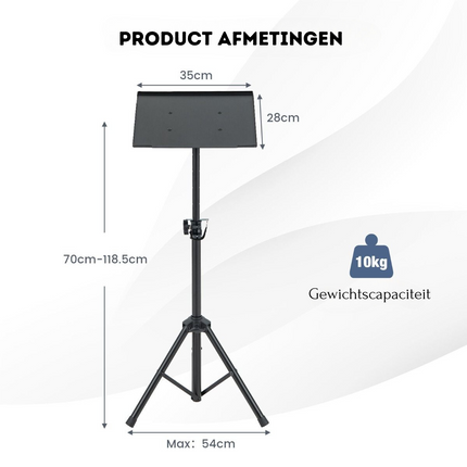 Trendmix Driepoot Projector Statief Met Instelbare Hoogte En Kantelbaar Blad - Laptop - Projector - Muziek - Tablet - 70-118,5CM Zwart