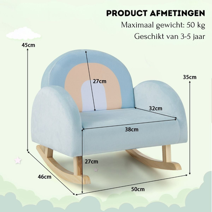 Trendmix Kinderschommelstoel Blauw – Fluweel – Ergonomisch – Schommelstoel Kind 3-5 Jaar – Regenboogdesign – 50 × 46 × 45 cm