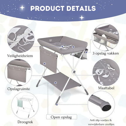 Baby Joy 4-in-1 Inklapbare Babycommode – Grijs – Verstelbaar – Met Wielen, Veiligheidsgordel & Opbergruimte – Luiertafel