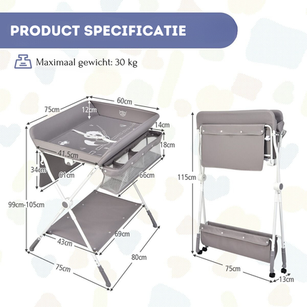 Baby Joy 4-in-1 Inklapbare Babycommode – Grijs – Verstelbaar – Met Wielen, Veiligheidsgordel & Opbergruimte – Luiertafel