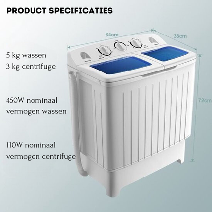 Trendmix camping wasmachine met dubbele trommel 5 Kg was / 3 Kg centrifuge laadvermogen wit / blauw