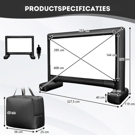 Trendmix HD 4K Opblaasbaar Projectiescherm - 16:9 Dubbelzijdig Buitenprojectiescherm - 327,5 x 119 x 266 cm Zwart