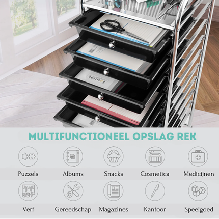 Trendmix Opbergwagen met 10 Lades en Wielen – Zwart – Metaal & PP – Organizer op Wielen voor Kantoor, Salon of Thuisgebruik