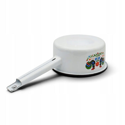 Emaille Steelpan 1 Liter – Geëmailleerde Sauspan 14 cm met Handvat – Folk Design – Wit