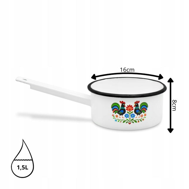 Emaille Steelpan 1,5 Liter – Geëmailleerde Sauspan 16 cm met Handvat – Folk Design – Wit