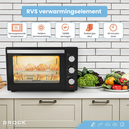 BROCK Elektrische Mini Oven 30L – Vrijstaande Convectie Oven met Grill – 1600W – Compacte Bakoven – Zwart