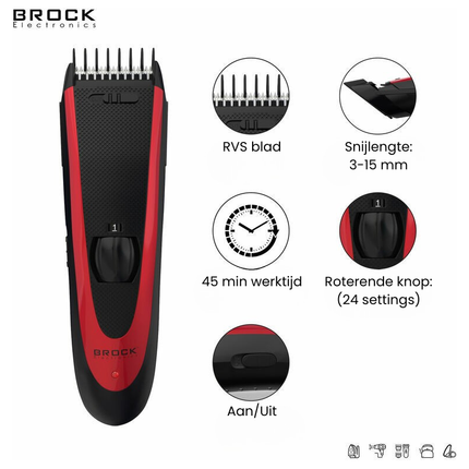 Brock Tondeuse & Trimmer voor Mannen – Draadloze Haartrimmer & Baardknipper – 24 Lengtestanden – RVS Mes – 45 Min – Rood