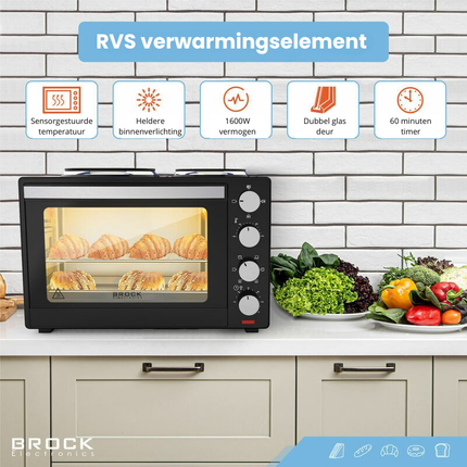BROCK Elektrische Mini Oven 30L met 2 Kookplaten – Combi Convectieoven & Grill – 1600W – Vrijstaande Compacte Oven voor Keuken of Camping – Zwart