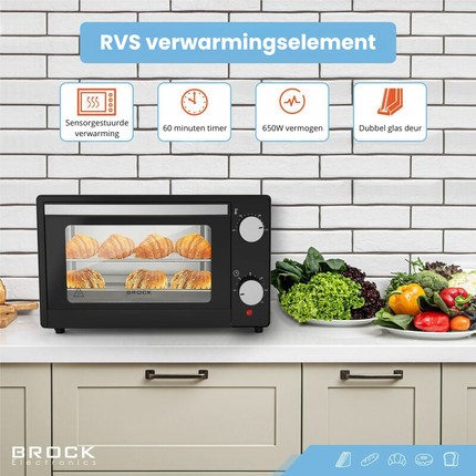 BROCK Elektrische Mini Oven 9L – Vrijstaande Compacte Oven – 650W – 100-230°C – Kleine Bakoven voor Camping of Keuken – Zwart