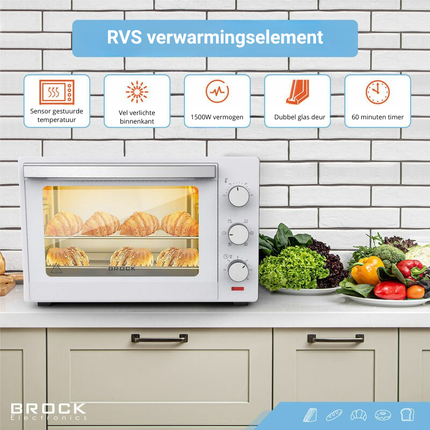 Brock 30L Heteluchtoven met Grill & Timer - 1600W Vrijstaande Mini Oven voor Thuisgebruik – Wit