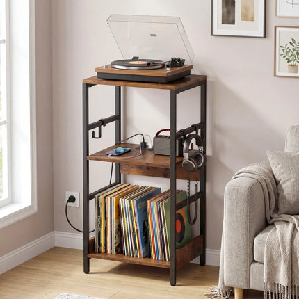 Platenspeler Meubel met 2 Geïntegreerde stopcontacten en USB – Vinyl Opbergkast – LP Kast met 3 Haken – Industrieel Bruin/Zwart