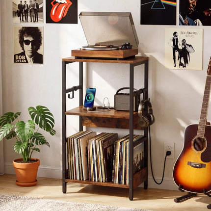 Platenspeler Meubel met 2 Geïntegreerde stopcontacten en USB – Vinyl Opbergkast – LP Kast met 3 Haken – Industrieel Bruin/Zwart