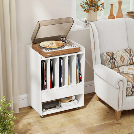 Vinyl Platenkast Wit met Wielen – Platenspeler Meubel met 5 Opbergvakken, Lade en Opbergplank