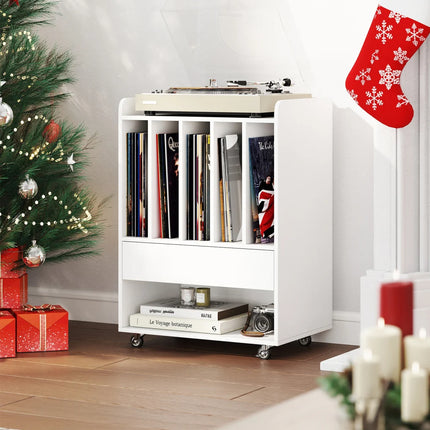 Vinyl Platenkast Wit met Wielen – Platenspeler Meubel met 5 Opbergvakken, Lade en Opbergplank