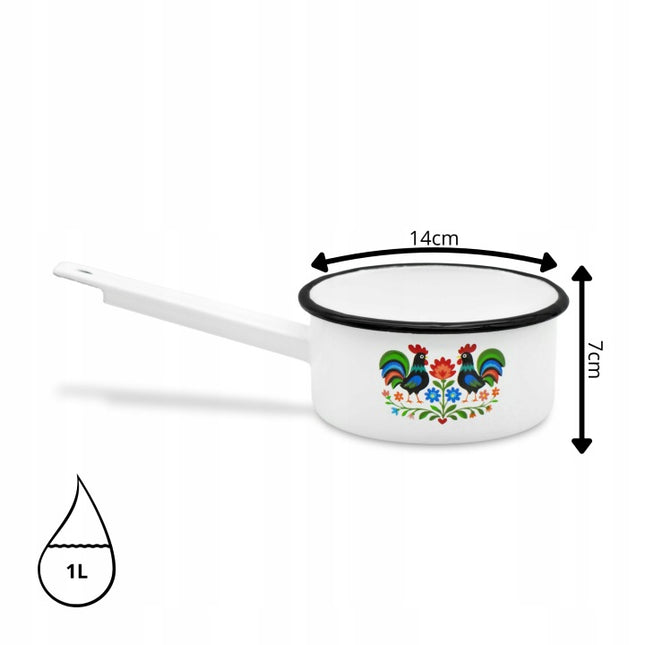 Emaille Steelpan 1 Liter – Geëmailleerde Sauspan 14 cm met Handvat – Folk Design – Wit