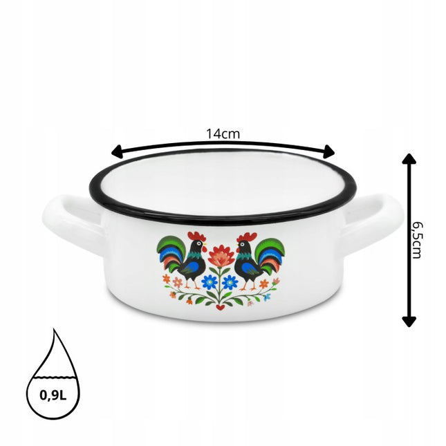 Emaille Braadpan 0,9 Liter – Kleine Lage Kookpan 14 cm – Geëmailleerde Pan Folk Design – Wit