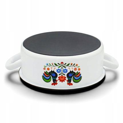 Emaille Braadpan 2,5 Liter – Lage Kookpan 20 cm – Geëmailleerde Pan met Folk Design – Wit