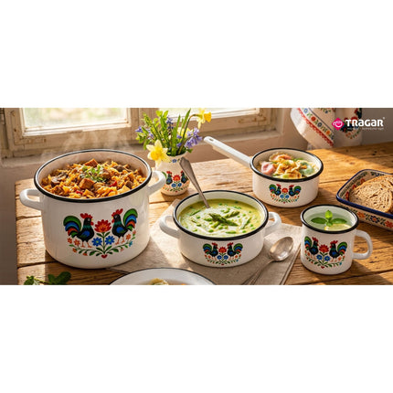 Emaille Braadpan 1,8 Liter – Lage Kookpan 18 cm – Geëmailleerde Pan Folk Design – Wit