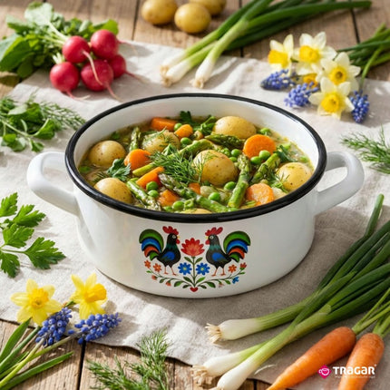 Emaille Braadpan 1,8 Liter – Lage Kookpan 18 cm – Geëmailleerde Pan Folk Design – Wit