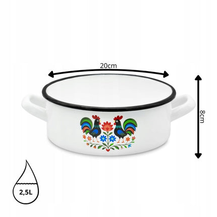 Emaille Braadpan 2,5 Liter – Lage Kookpan 20 cm – Geëmailleerde Pan met Folk Design – Wit