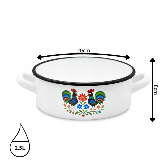 Emaille Braadpan 2,5 Liter – Lage Kookpan 20 cm – Geëmailleerde Pan met Folk Design – Wit
