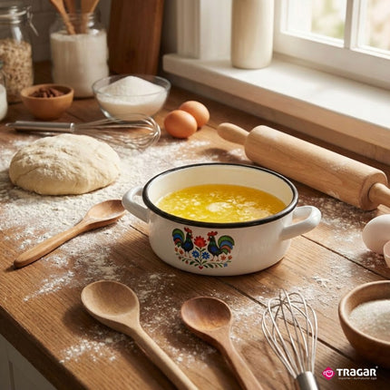 Emaille Braadpan 1,8 Liter – Lage Kookpan 18 cm – Geëmailleerde Pan Folk Design – Wit