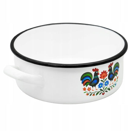 Emaille Braadpan 1,8 Liter – Lage Kookpan 18 cm – Geëmailleerde Pan Folk Design – Wit