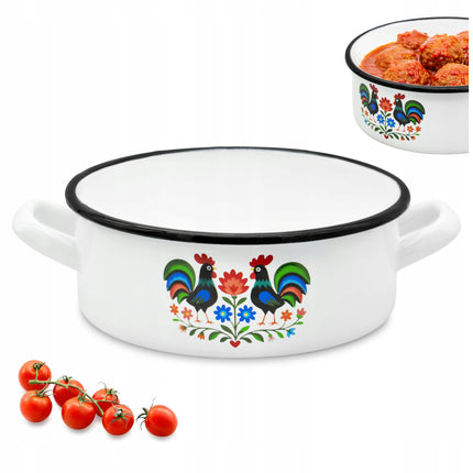 Emaille Braadpan 1,8 Liter – Lage Kookpan 18 cm – Geëmailleerde Pan Folk Design – Wit