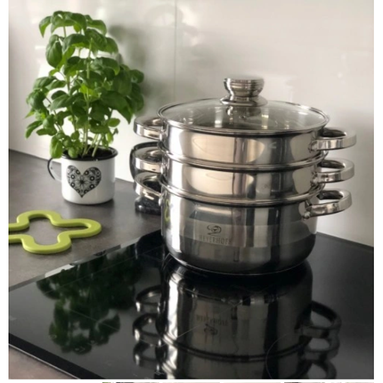 Meyerhoff Stoompan RVS 4-delig Ø22 cm – 3.5L – Inductiegeschikt – Voor Groenten, Dim Sum & Babyvoeding – Met Glazen Deksel & 2 Stoominzetten