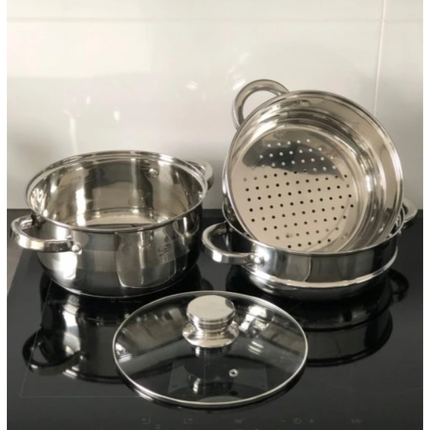 Meyerhoff Stoompan RVS 4-delig Ø22 cm – 3.5L – Inductiegeschikt – Voor Groenten, Dim Sum & Babyvoeding – Met Glazen Deksel & 2 Stoominzetten