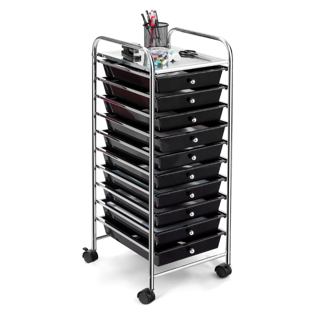 Trendmix Opbergwagen met 10 Lades en Wielen – Zwart – Metaal & PP – Organizer op Wielen voor Kantoor, Salon of Thuisgebruik