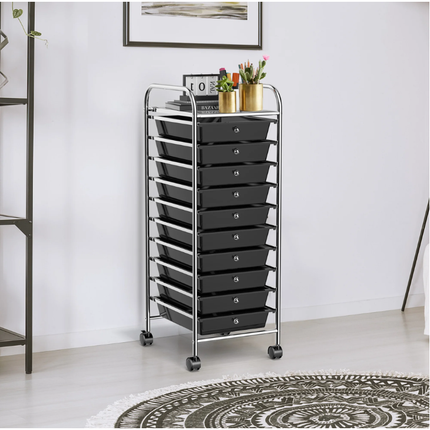 Trendmix Opbergwagen met 10 Lades en Wielen – Zwart – Metaal & PP – Organizer op Wielen voor Kantoor, Salon of Thuisgebruik
