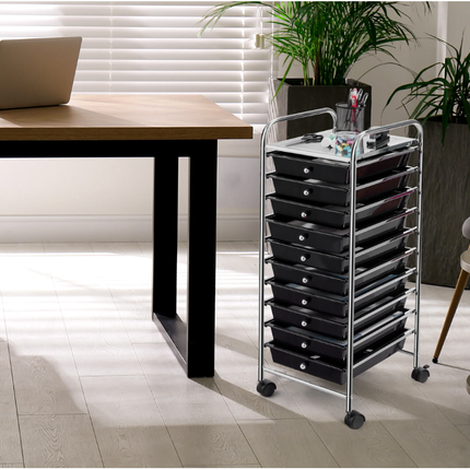 Trendmix Opbergwagen met 10 Lades en Wielen – Zwart – Metaal & PP – Organizer op Wielen voor Kantoor, Salon of Thuisgebruik