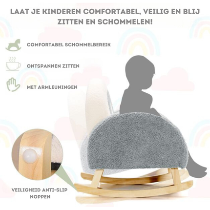 Trendmix Kinderschommelstoel Teddy Grijs – Schommelstoel Kind 3-5 Jaar – Ergonomisch & Zacht – Houten Onderstel – 50,8 × 49,5 × 50,8 cm