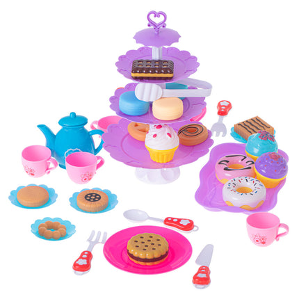 46-delige speelgoed servies high tea set met gebak etagère en bestek kunststof