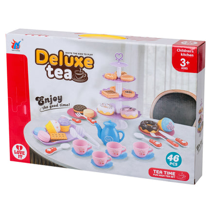 46-delige speelgoed servies high tea set met gebak etagère en bestek kunststof