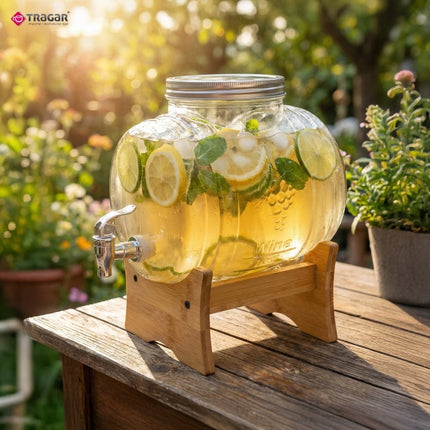 Barrel Drankdispenser 3 Liter met Kraantje en Bamboe Standaard – Glazen Vatvormige Sapdispenser voor Limonade, Water, Sap en IJsthee