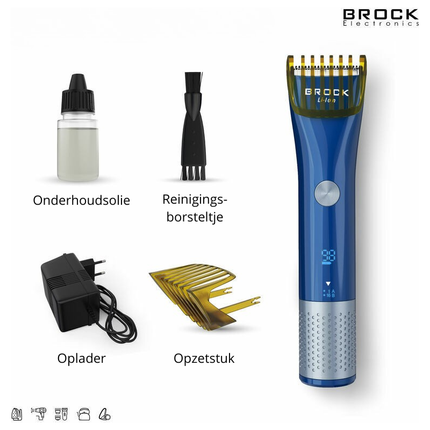 Brock Tondeuse & Trimmer voor Hoofd & Baard – Professionele Haartrimmer Mannen – Draadloos – Waterdicht IPX6 – LED Display – 60 Min Gebruik – Blauw