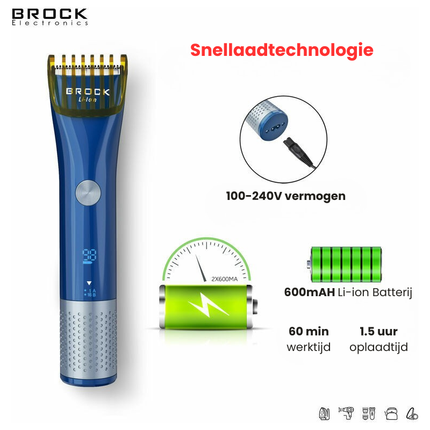 Brock Tondeuse & Trimmer voor Hoofd & Baard – Professionele Haartrimmer Mannen – Draadloos – Waterdicht IPX6 – LED Display – 60 Min Gebruik – Blauw