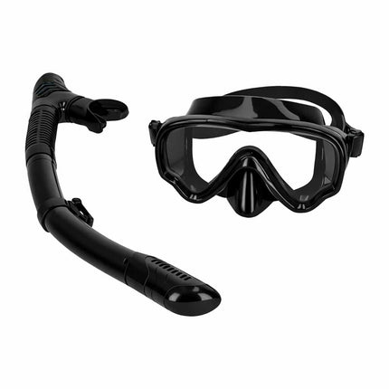 Snorkelset Volwassenen – Duikbril met Snorkel – Droog Snorkelsysteem – Gehard Glas – 180° Panoramisch Zicht – Zwart