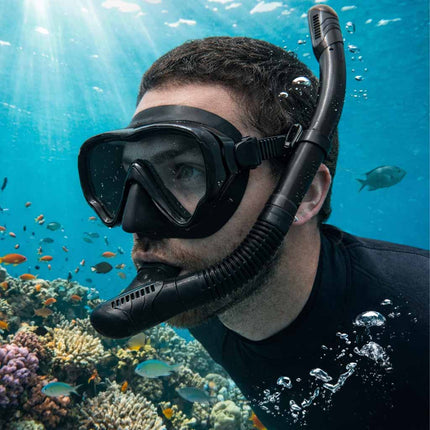 Snorkelset Volwassenen – Duikbril met Snorkel – Droog Snorkelsysteem – Gehard Glas – 180° Panoramisch Zicht – Zwart