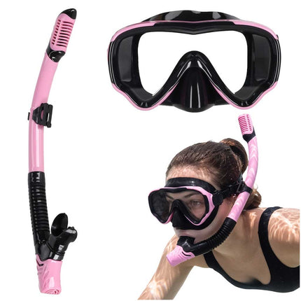 Snorkelset Volwassenen – Duikbril met Snorkel – Droog Snorkelsysteem – Gehard Glas – 180° Panoramisch Zicht – Roze