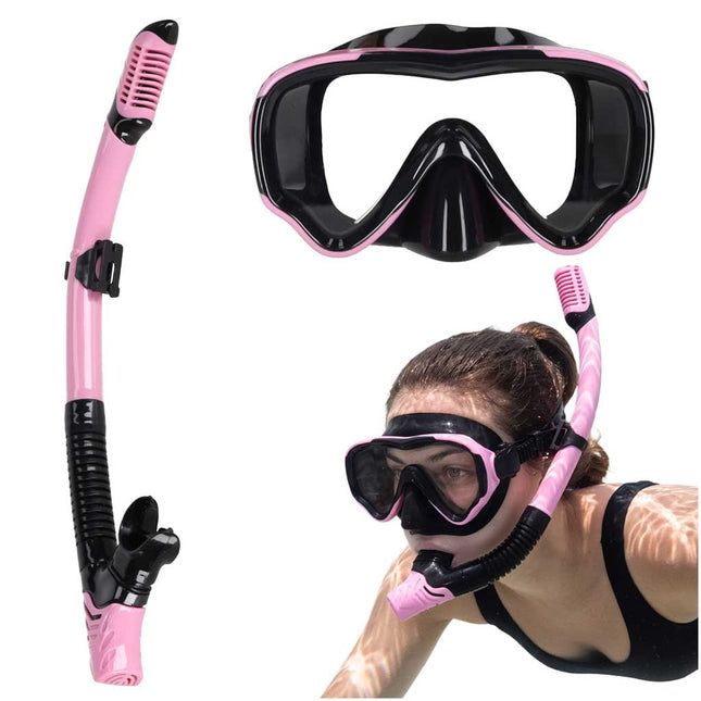 Snorkelset Volwassenen – Duikbril met Snorkel – Droog Snorkelsysteem – Gehard Glas – 180° Panoramisch Zicht – Roze