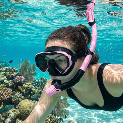 Snorkelset Volwassenen – Duikbril met Snorkel – Droog Snorkelsysteem – Gehard Glas – 180° Panoramisch Zicht – Roze
