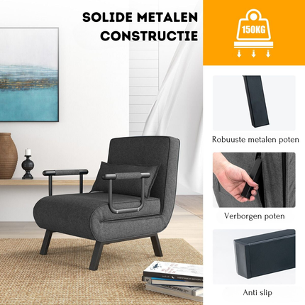 Trendmix 4-in-1 Slaapstoel Donkergrijs – Inklapbare Slaapbank – Verstelbare Rugleuning – Slaapfauteuil 1 Persoon – Tot 150 kg Draagvermogen