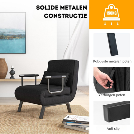 Trendmix 4-in-1 Slaapstoel Zwart – Inklapbare Slaapbank – Verstelbare Rugleuning – Slaapfauteuil 1 Persoon – Tot 150 kg Draagvermogen