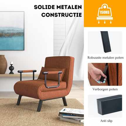2de kansje Trendmix 4-in-1 Uitklapbare Slaapstoel Belastbaar Tot 150 kg Bruin/Koffie - Inklapbare Slaapbank Met 6 Standen Verstelbare Rugleuning - Modern Design Logeerbed - Slaapfauteuil
