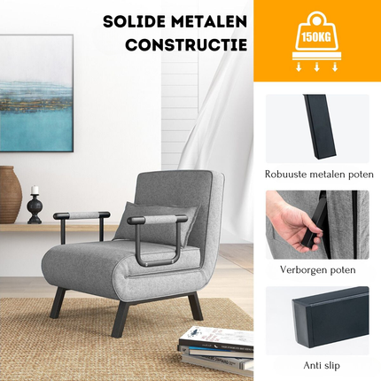 Trendmix 4-in-1 Slaapstoel Lichtgrijs – Inklapbare Slaapbank – Verstelbare Rugleuning – Slaapfauteuil 1 Persoon – Tot 150 kg Draagvermogen