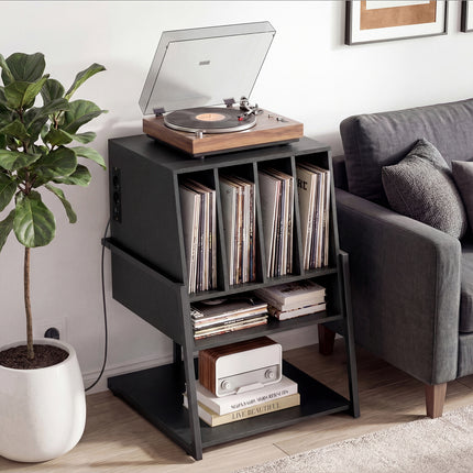 Platenspeler Meubel Zwart met LP Opbergkast – 4 Vinyl Vakken – Stopcontacten, USB &amp; USB-C – Met Wielen
