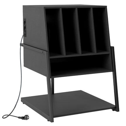 Platenspeler Meubel Zwart met LP Opbergkast – 4 Vinyl Vakken – Stopcontacten, USB &amp; USB-C – Met Wielen